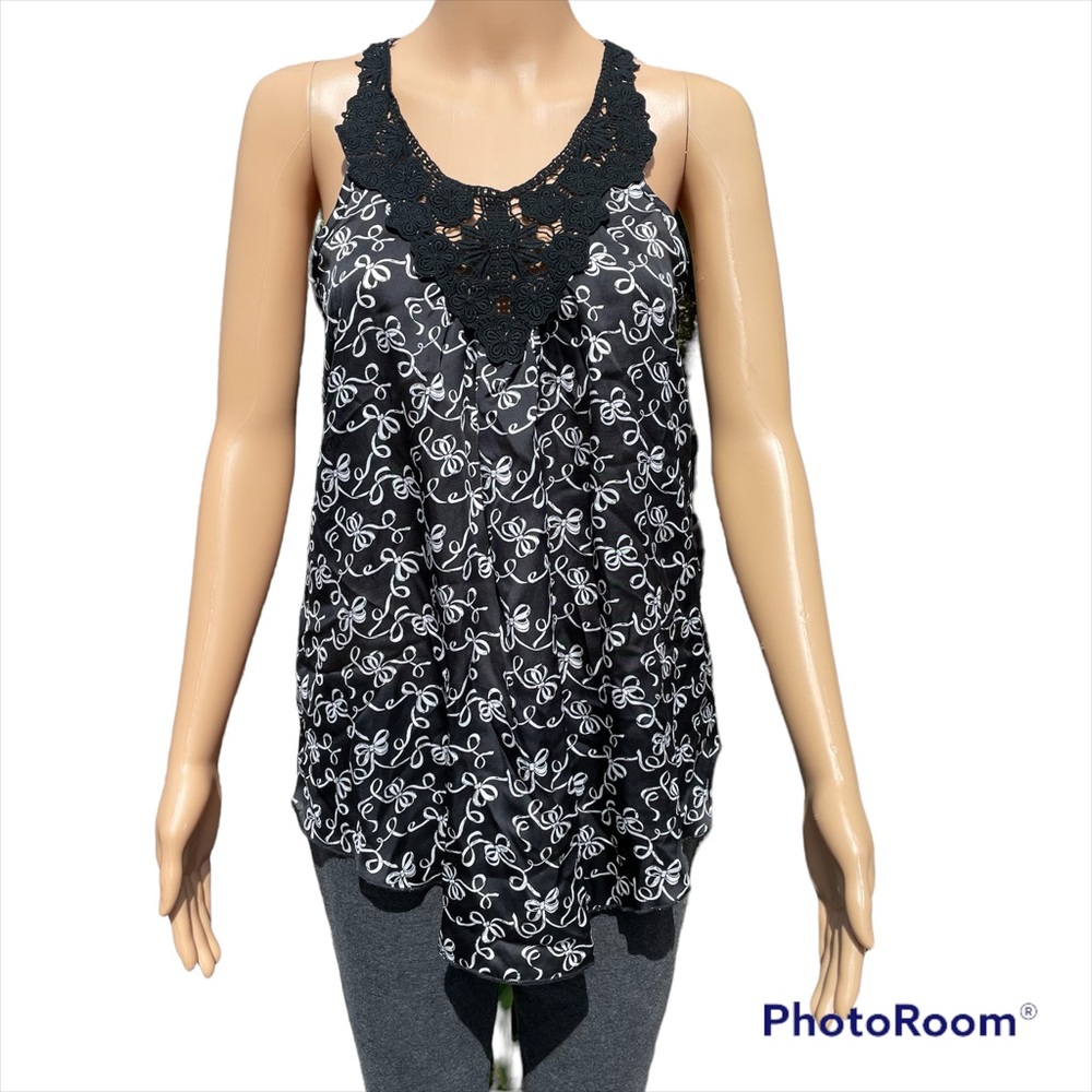 Final Touch Black and White Racerback Tank w/ Crochet Neckline and Ribbons